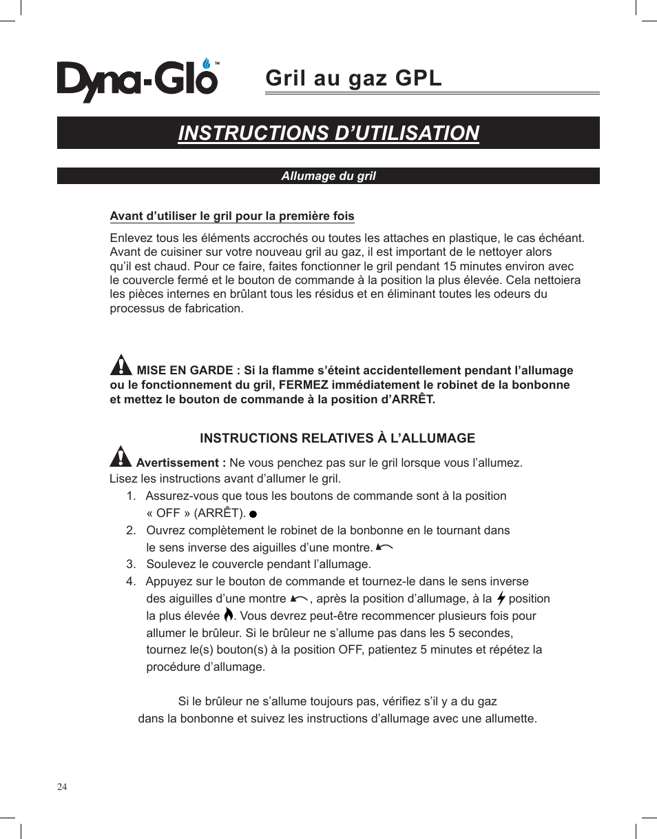 Gril au gaz gpl, Instructions d’utilisation | Dyna-Glo LP Gas Grill DGP350NP User Manual | Page 62 / 108