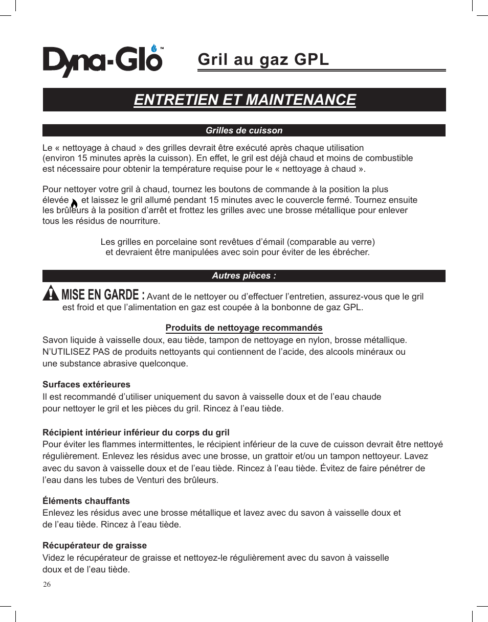 Gril au gaz gpl, Entretien et maintenance, Mise en garde | Dyna-Glo LP Gas Grill DGP350NP User Manual | Page 64 / 108