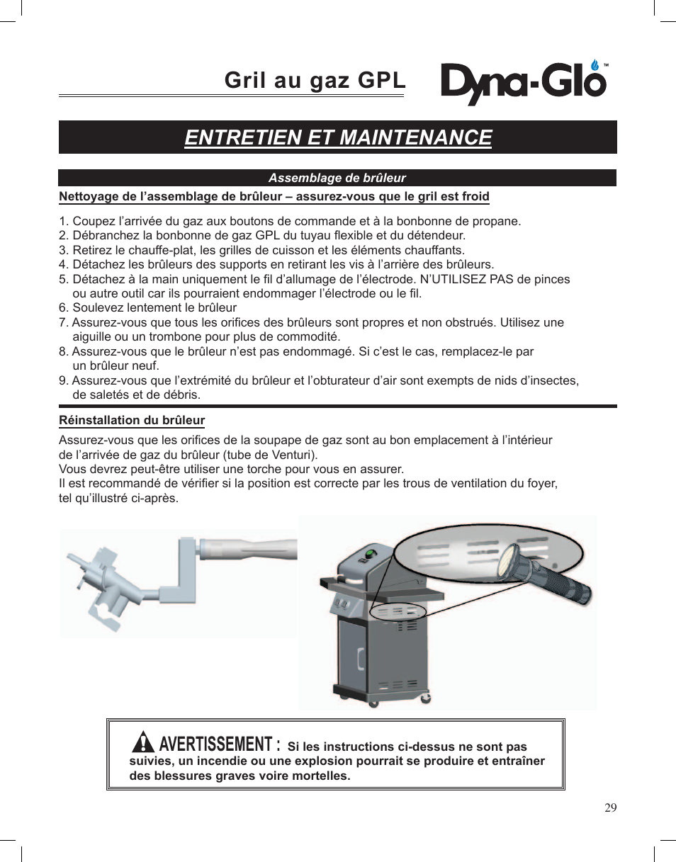 Gril au gaz gpl, Entretien et maintenance, Avertissement | Dyna-Glo LP Gas Grill DGP350NP User Manual | Page 67 / 108