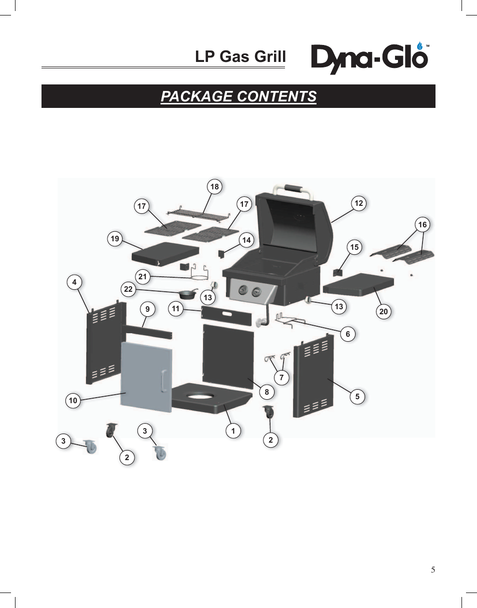 Lp gas grill, Package contents | Dyna-Glo LP Gas Grill DGP350NP User Manual | Page 7 / 108