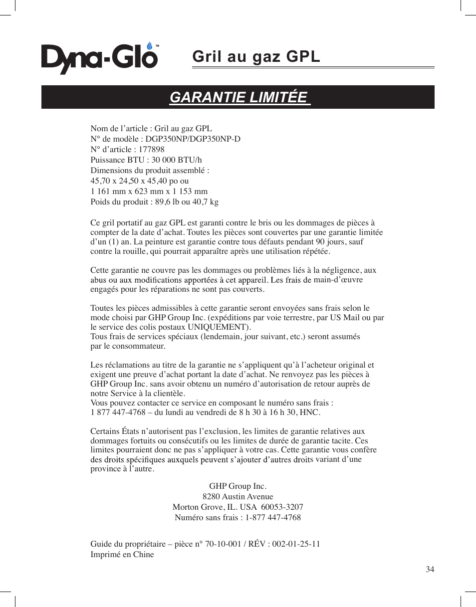 Gril au gaz gpl, Garantie limitée | Dyna-Glo LP Gas Grill DGP350NP User Manual | Page 72 / 108