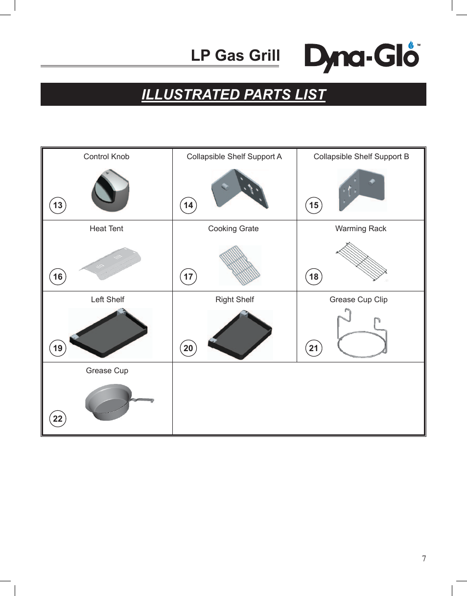 Lp gas grill, Illustrated parts list | Dyna-Glo LP Gas Grill DGP350NP User Manual | Page 9 / 108