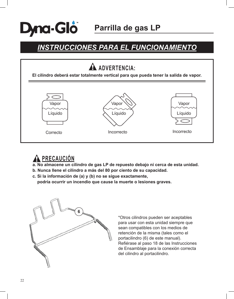 Parrilla de gas lp, Instrucciones para el funcionamiento, Precaución | Advertencia | Dyna-Glo LP Gas Grill DGP350NP User Manual | Page 96 / 108