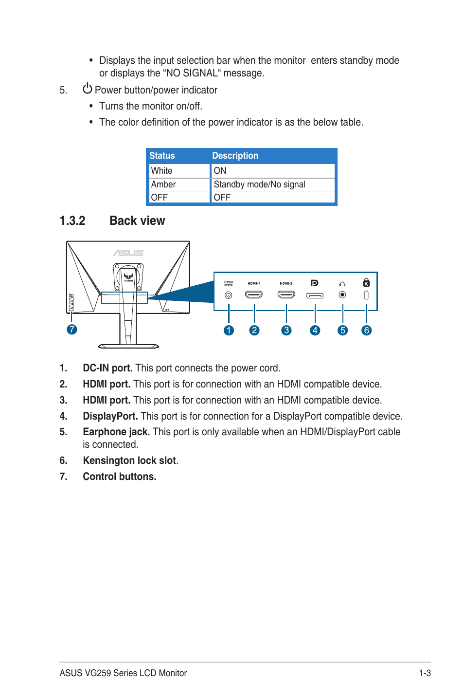 2 back view, Back view -3 | Asus TUF Gaming VG259QR 24.5" 16:9 165 Hz IPS Gaming Monitor User Manual | Page 11 / 31