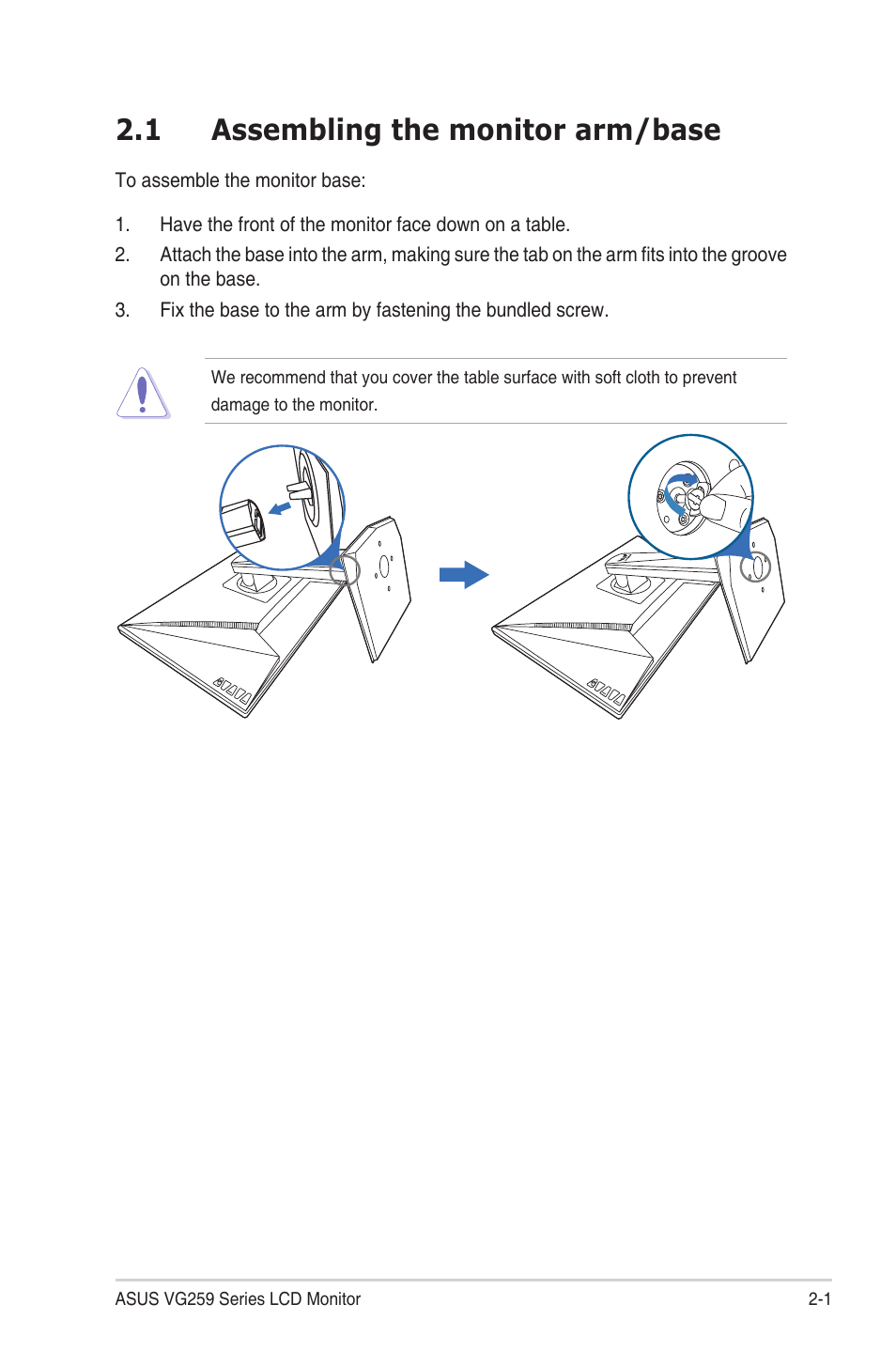 Chapter 2: setup, 1 assembling the monitor arm/base, Assembling the monitor arm/base -1 | Asus TUF Gaming VG259QR 24.5" 16:9 165 Hz IPS Gaming Monitor User Manual | Page 15 / 31