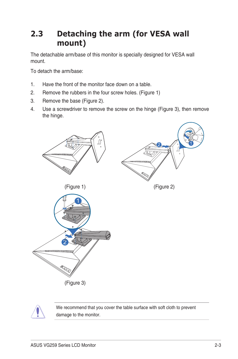 3 detaching the arm (for vesa wall mount), Detaching the arm (for vesa wall mount) -3 | Asus TUF Gaming VG259QR 24.5" 16:9 165 Hz IPS Gaming Monitor User Manual | Page 17 / 31