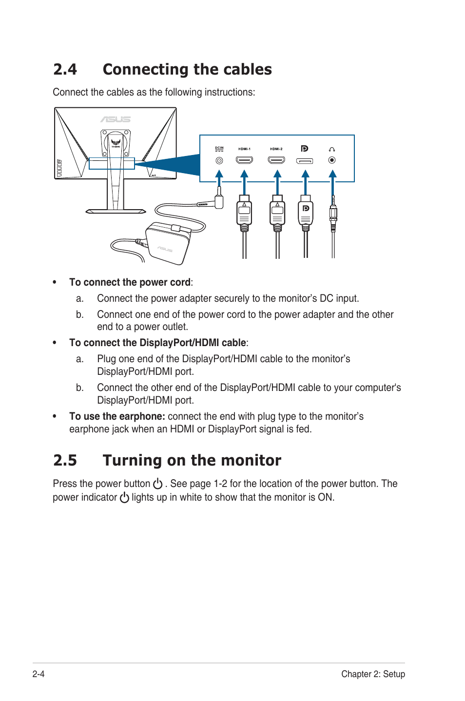 4 connecting the cables, 5 turning on the monitor, Connecting the cables -4 | Turning on the monitor -4 | Asus TUF Gaming VG259QR 24.5" 16:9 165 Hz IPS Gaming Monitor User Manual | Page 18 / 31