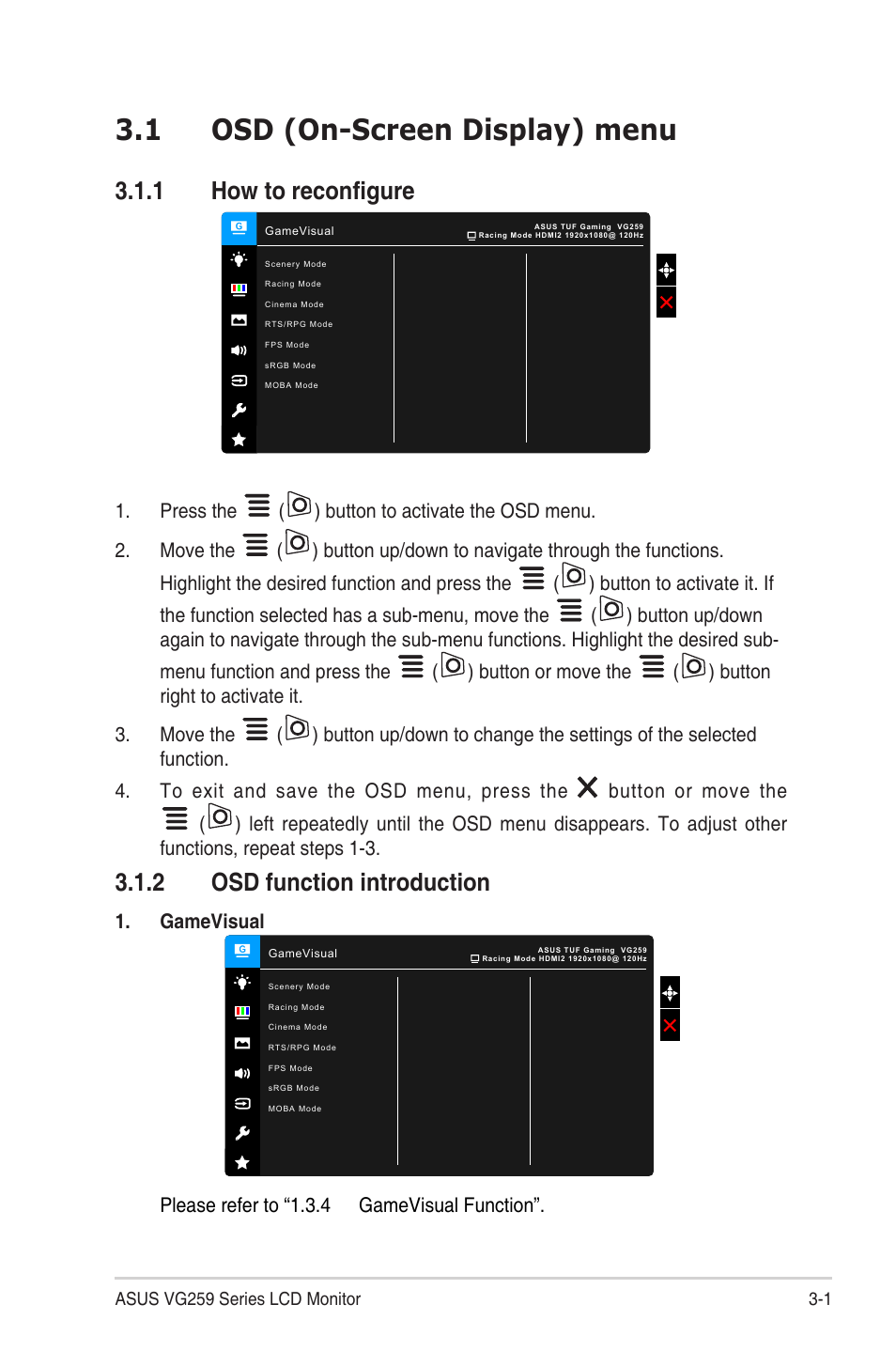 Chapter 3: general instructions, 1 osd (on-screen display) menu, 1 how to reconfigure | 2 osd function introduction, Osd (on-screen display) menu -1, How to reconfigure, Osd function introduction -1, Gamevisual, Please refer to “1.3.4 gamevisual function | Asus TUF Gaming VG259QR 24.5" 16:9 165 Hz IPS Gaming Monitor User Manual | Page 19 / 31