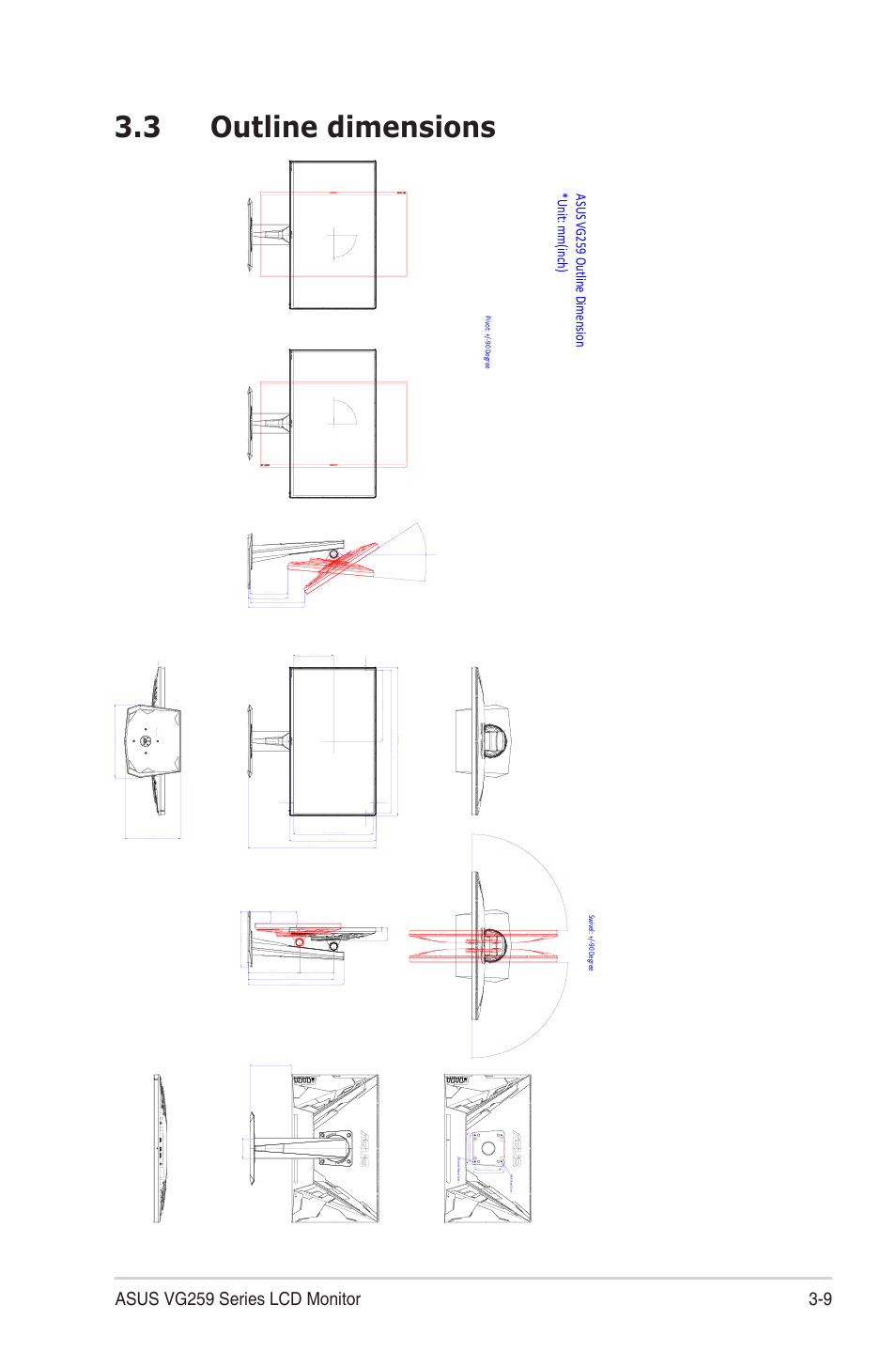 3 outline dimensions, Outline dimensions -9, 9 asus vg259 series lcd monitor | Asus v g259 outline dime nsion *unit: mm(inch), Swiv el: +/-90 degr ee, Piv ot: +/-90 degr ee | Asus TUF Gaming VG259QR 24.5" 16:9 165 Hz IPS Gaming Monitor User Manual | Page 27 / 31
