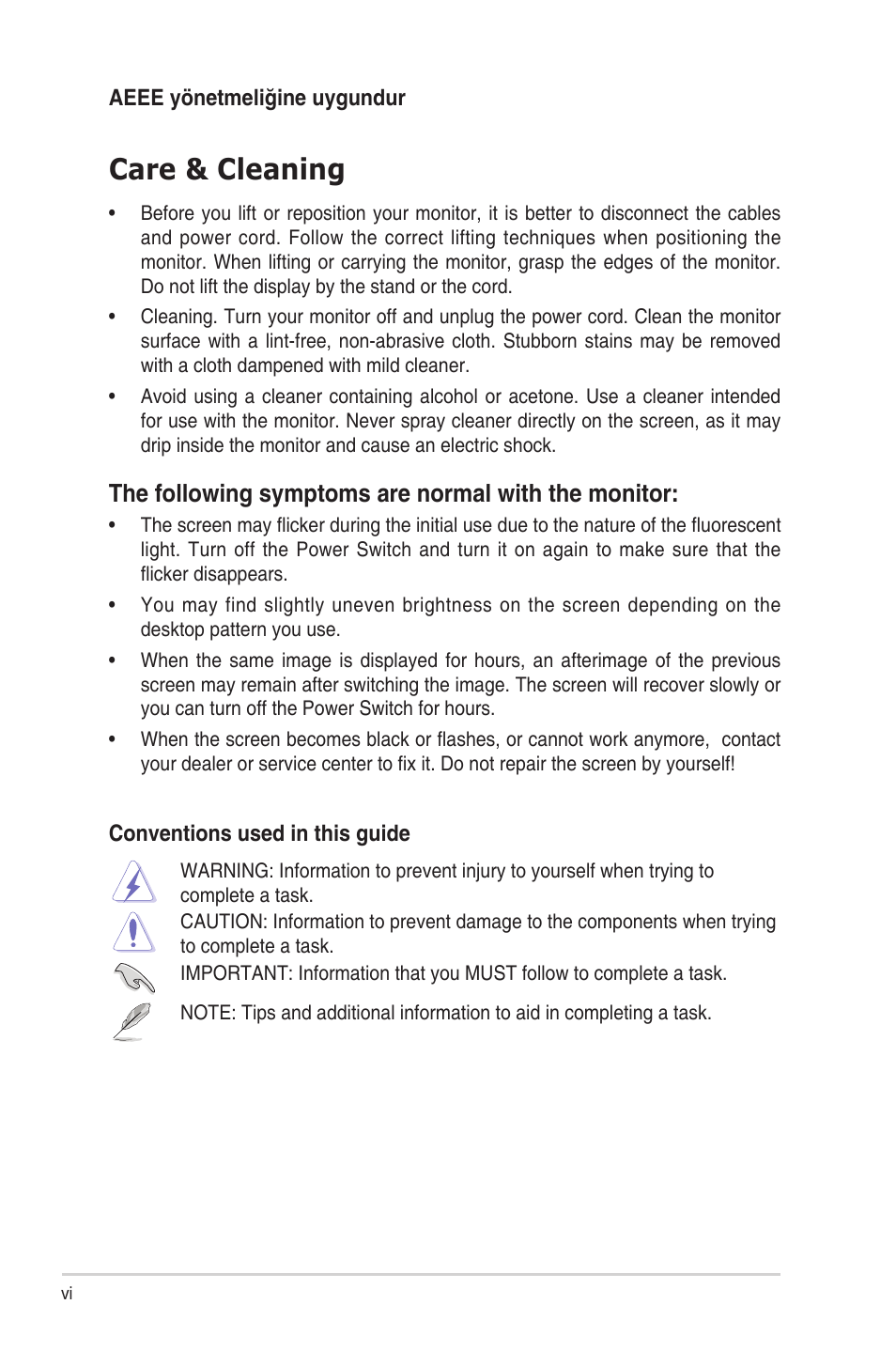 Care & cleaning, The following symptoms are normal with the monitor | Asus TUF Gaming VG259QR 24.5" 16:9 165 Hz IPS Gaming Monitor User Manual | Page 6 / 31