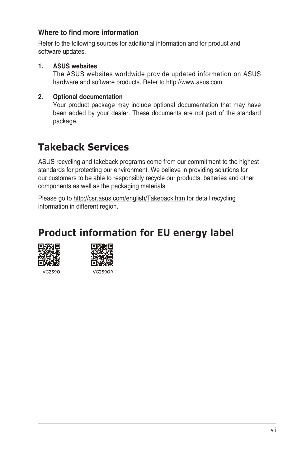 Takeback services, Product information for eu energy label | Asus TUF Gaming VG259QR 24.5" 16:9 165 Hz IPS Gaming Monitor User Manual | Page 7 / 31