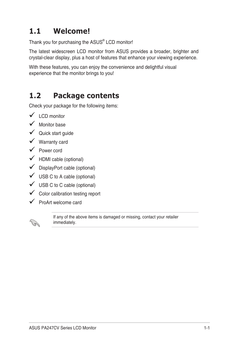 Chapter 1: product introduction, 1 welcome, 2 package contents | Welcome! -1, Package contents -1 | Asus ProArt Display PA247CV 23.8" 16:9 Adaptive-Sync IPS Monitor User Manual | Page 11 / 33