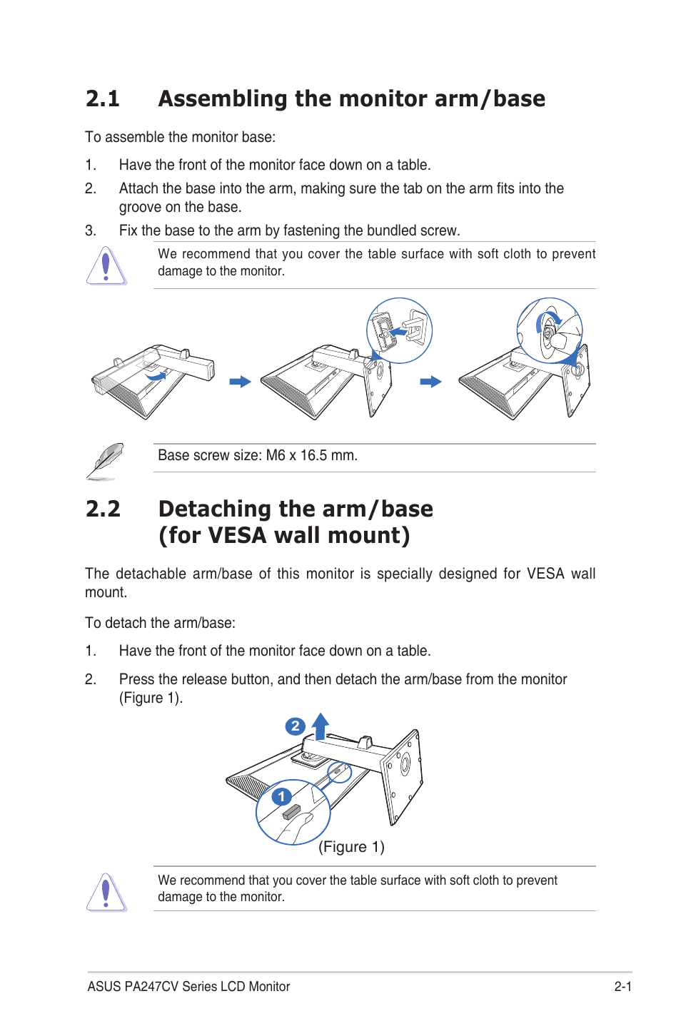Chapter 2: setup, 1 assembling the monitor arm/base, 2 detaching the arm/base (for vesa wall mount) | Assembling the monitor arm/base -1, Detaching the arm/base (for vesa wall mount) | Asus ProArt Display PA247CV 23.8" 16:9 Adaptive-Sync IPS Monitor User Manual | Page 15 / 33