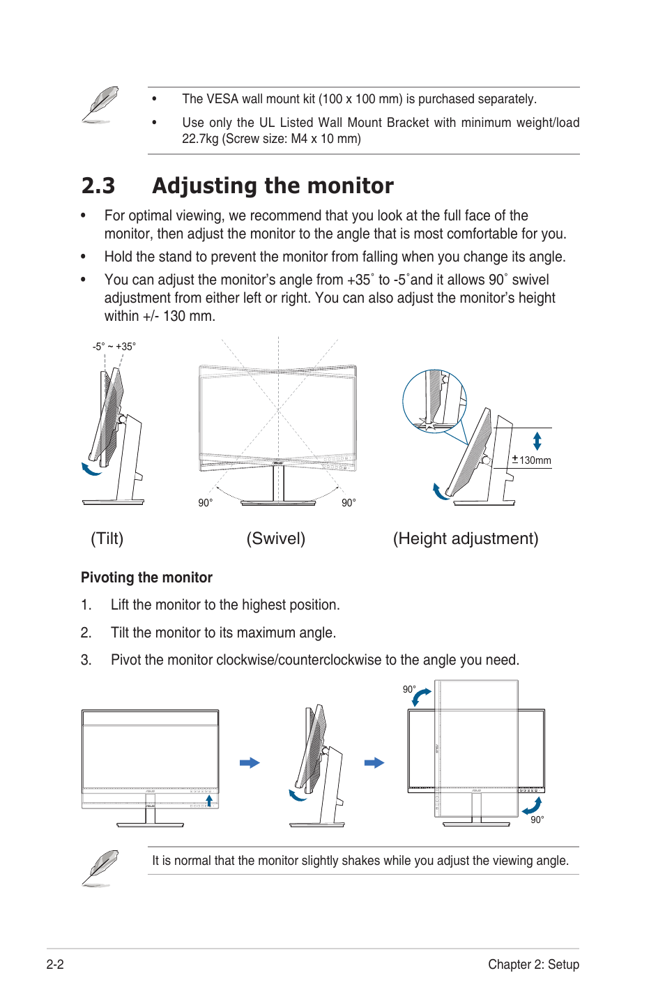 3 adjusting the monitor, Adjusting the monitor, Swivel) (height adjustment) (tilt) | Asus ProArt Display PA247CV 23.8" 16:9 Adaptive-Sync IPS Monitor User Manual | Page 16 / 33