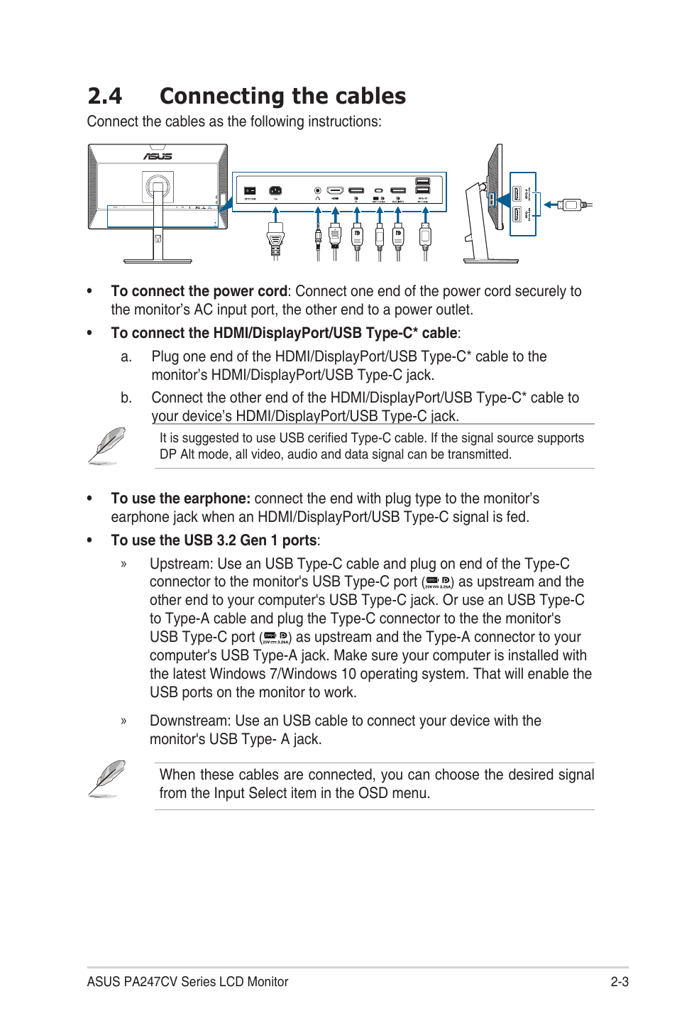 4 connecting the cables, Connecting the cables -3 | Asus ProArt Display PA247CV 23.8" 16:9 Adaptive-Sync IPS Monitor User Manual | Page 17 / 33