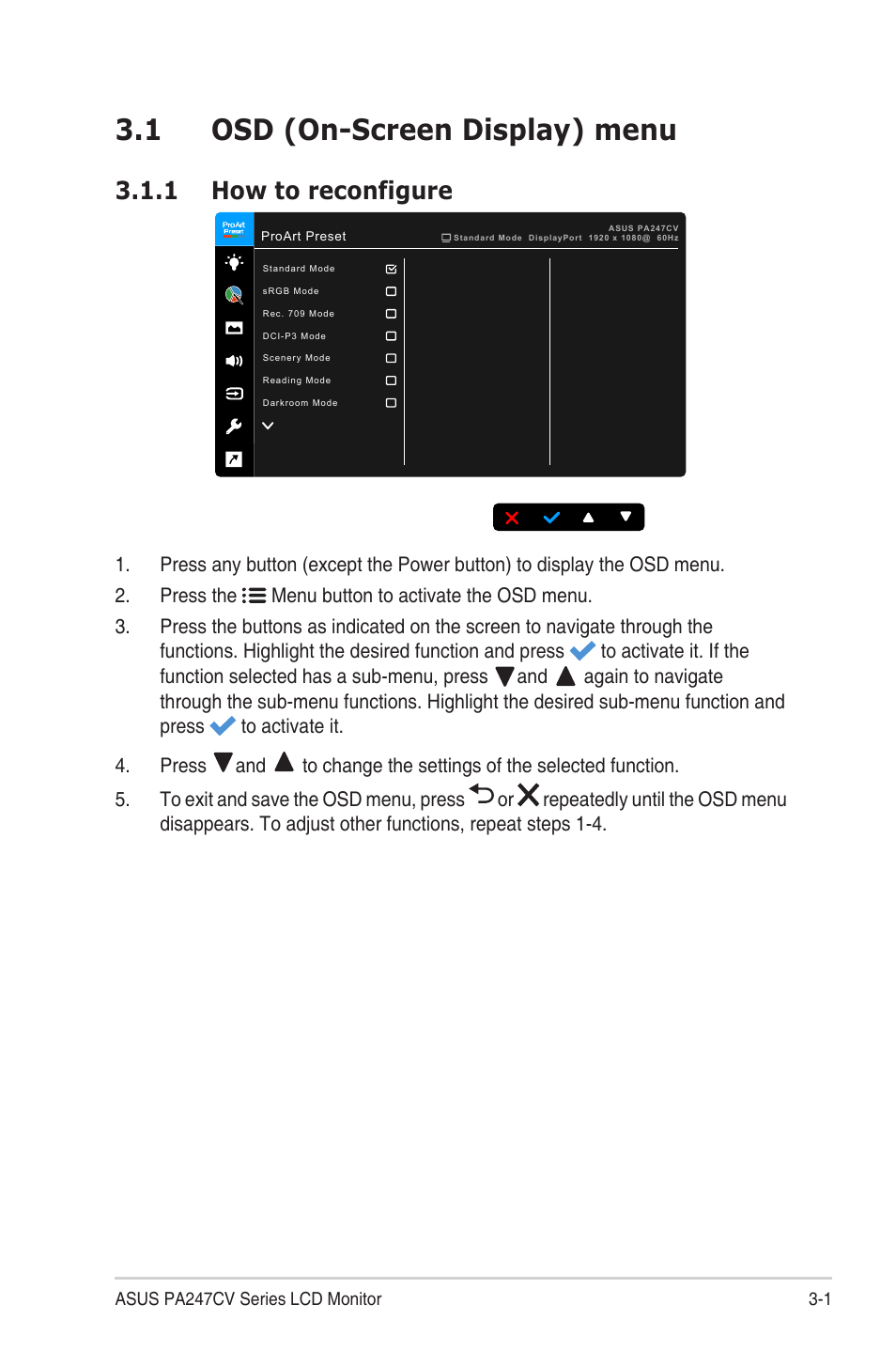 Chapter 3: general instructions, 1 osd (on-screen display) menu, 1 how to reconfigure | Osd (on-screen display) menu, How to reconfigure | Asus ProArt Display PA247CV 23.8" 16:9 Adaptive-Sync IPS Monitor User Manual | Page 19 / 33