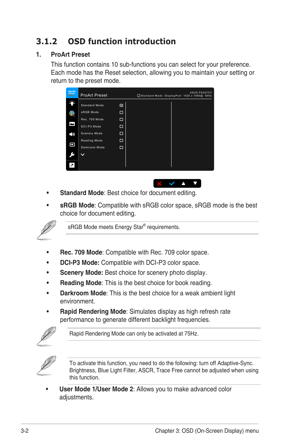 2 osd function introduction, Osd function introduction -2 | Asus ProArt Display PA247CV 23.8" 16:9 Adaptive-Sync IPS Monitor User Manual | Page 20 / 33