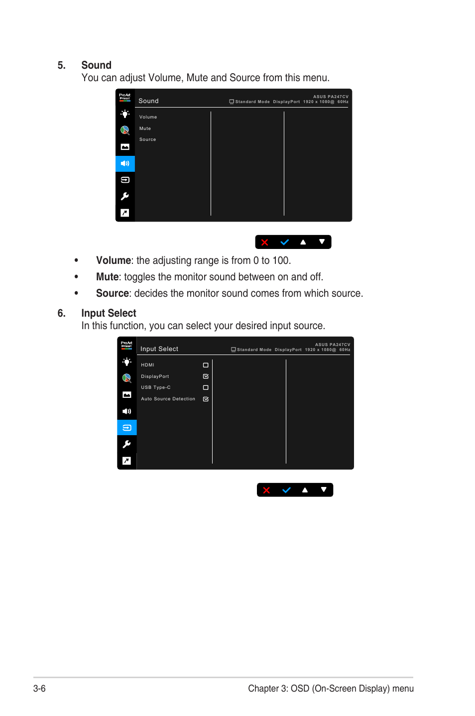 6 chapter 3: osd (on-screen display) menu | Asus ProArt Display PA247CV 23.8" 16:9 Adaptive-Sync IPS Monitor User Manual | Page 24 / 33