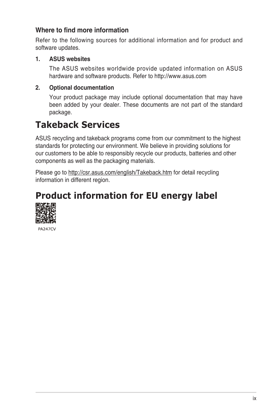 Takeback services, Product information for eu energy label | Asus ProArt Display PA247CV 23.8" 16:9 Adaptive-Sync IPS Monitor User Manual | Page 9 / 33