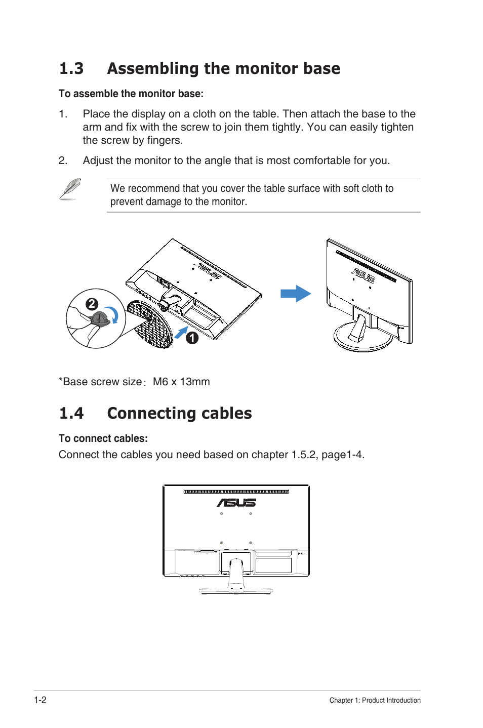 3 assembling the monitor base, 4 connecting cables, Assembling the monitor base -2 | Connecting cables -2 | Asus VT168HR 15.6" Multi-Touch Monitor User Manual | Page 10 / 31