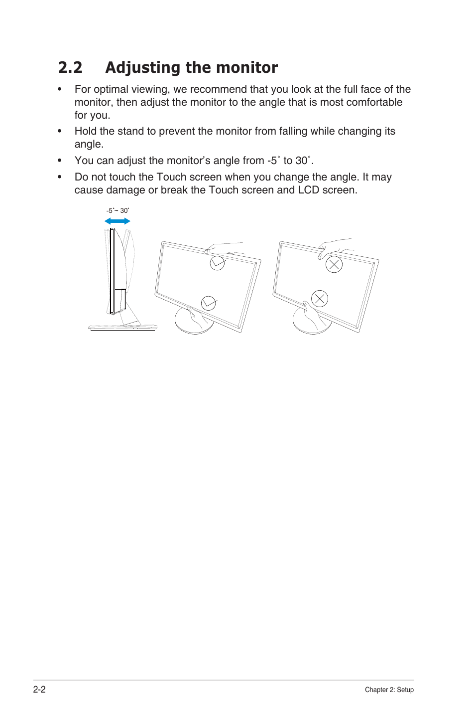 2 adjusting the monitor, Adjusting the monitor -2 | Asus VT168HR 15.6" Multi-Touch Monitor User Manual | Page 14 / 31