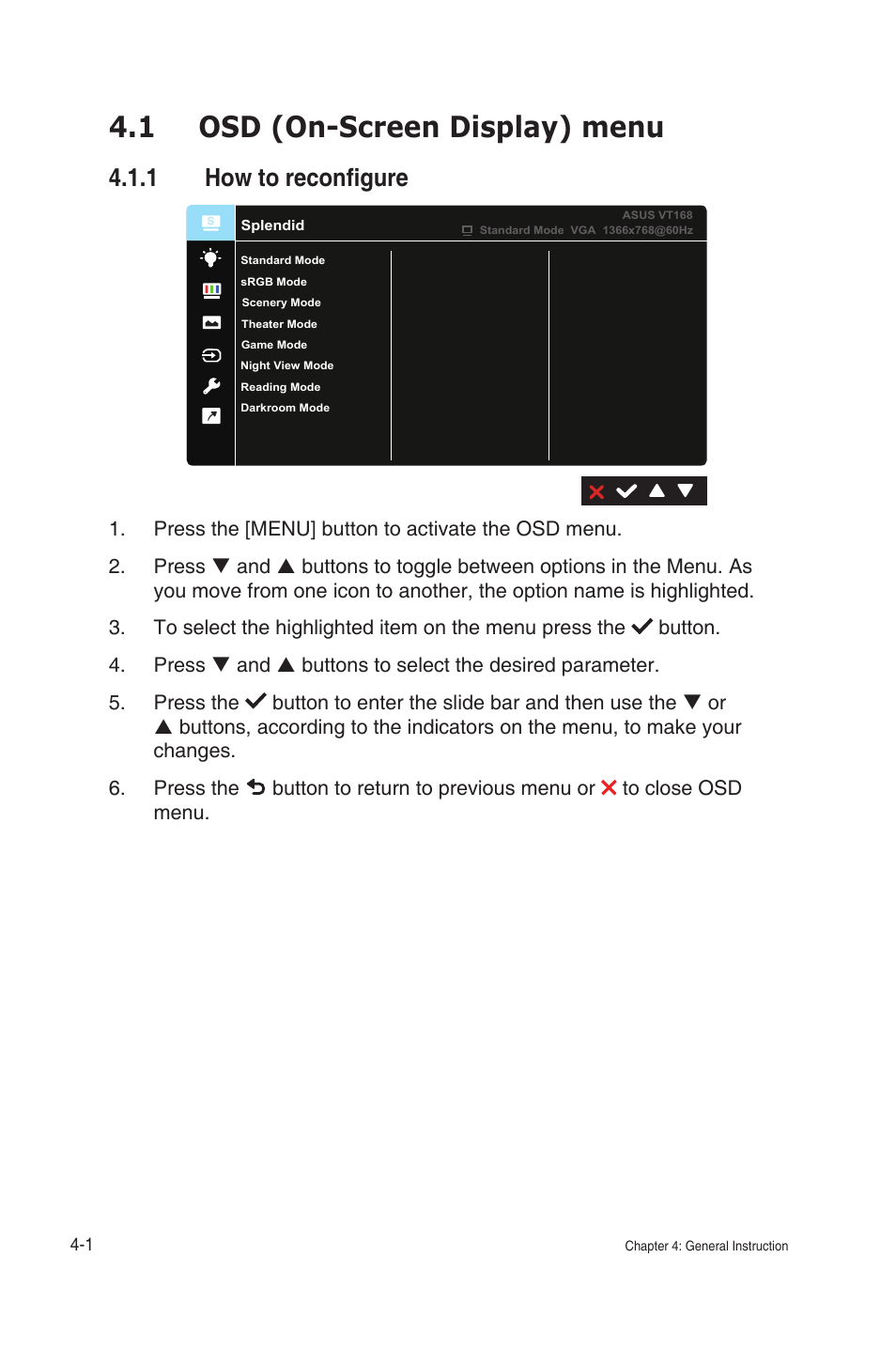 1 osd (on-screen display) menu, 1 how to reconfigure, Osd (on-screen display) menu -1 | How to reconfigure | Asus VT168HR 15.6" Multi-Touch Monitor User Manual | Page 20 / 31