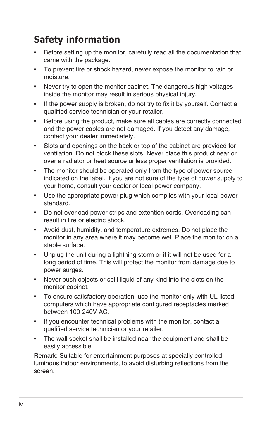 Safety information | Asus VT168HR 15.6" Multi-Touch Monitor User Manual | Page 4 / 31