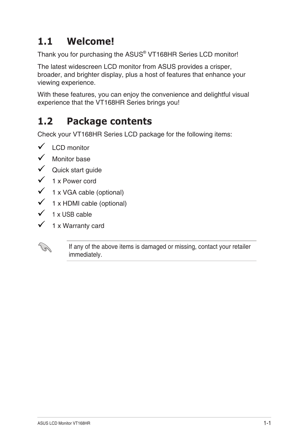 1 welcome, 2 package contents, 1 welcome! -1 1.2 | Package contents -1 | Asus VT168HR 15.6" Multi-Touch Monitor User Manual | Page 9 / 31