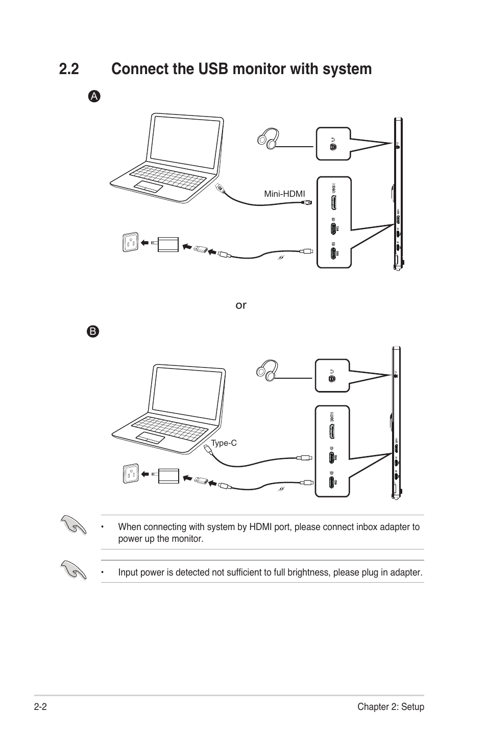 2 connect the usb monitor with system, Connect the usb monitor with system -2 | Asus ZenScreen MB16AHG 15.6" 144 Hz Portable Monitor User Manual | Page 13 / 27