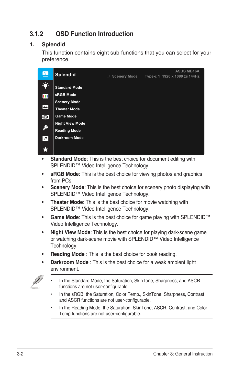 2 osd function introduction, Osd function introduction -2 | Asus ZenScreen MB16AHG 15.6" 144 Hz Portable Monitor User Manual | Page 15 / 27