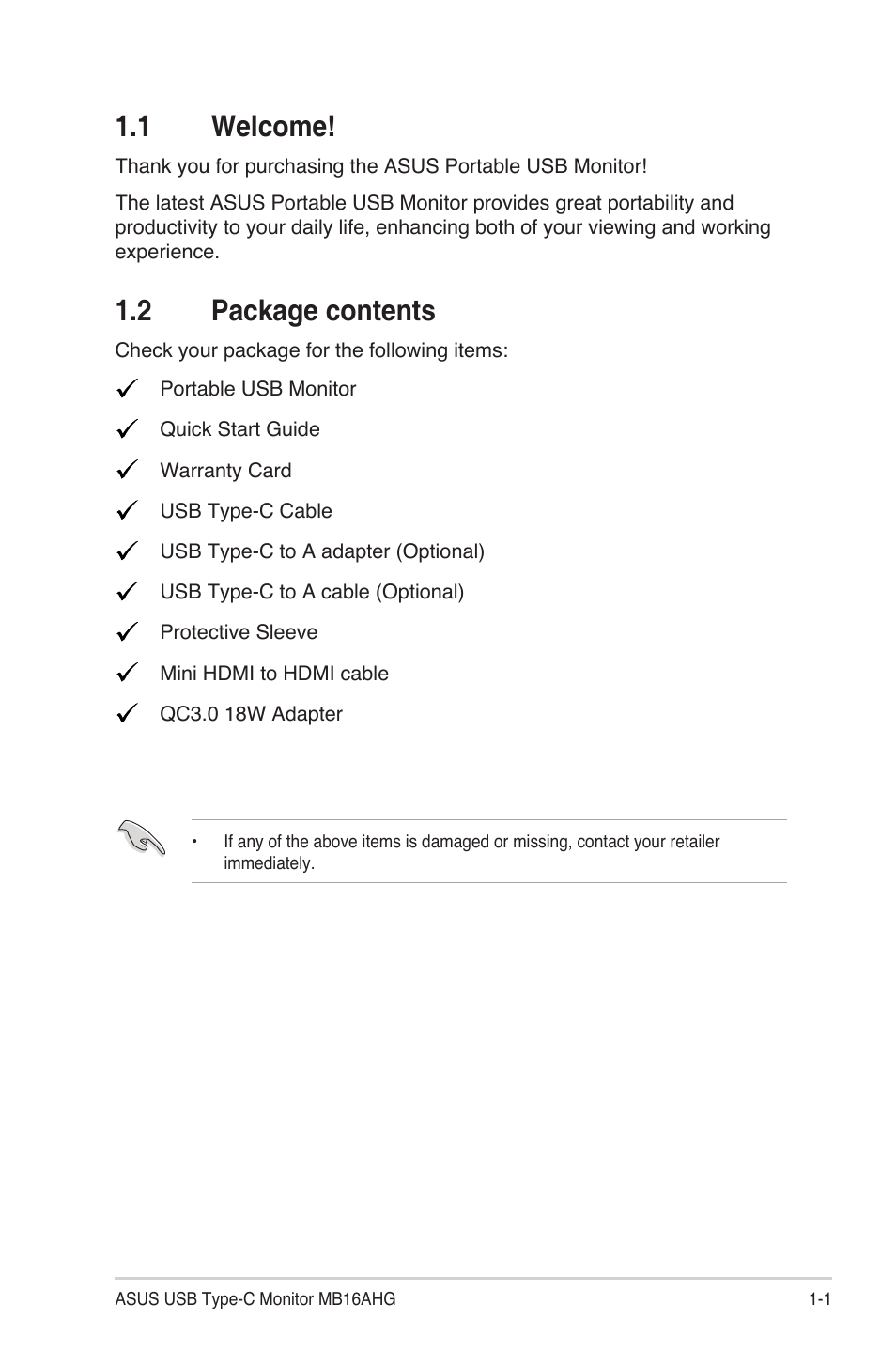 1 welcome, 2 package contents, 1 welcome! -1 1.2 | Package contents -1 | Asus ZenScreen MB16AHG 15.6" 144 Hz Portable Monitor User Manual | Page 8 / 27