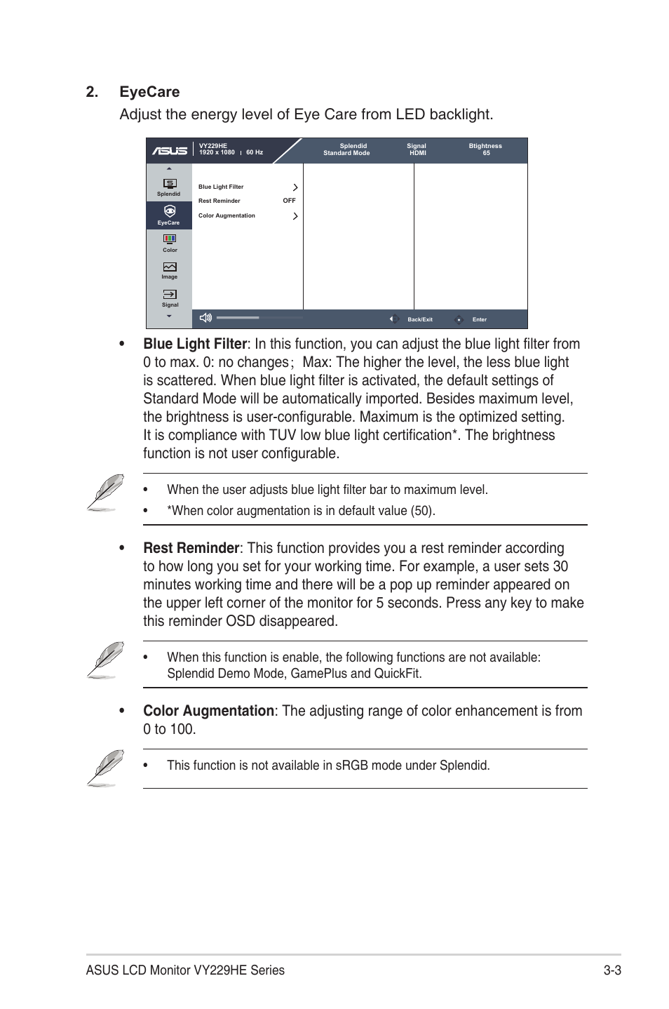 3 asus lcd monitor vy229he series | Asus VY229HE Eye Care 21.45" Monitor User Manual | Page 21 / 35