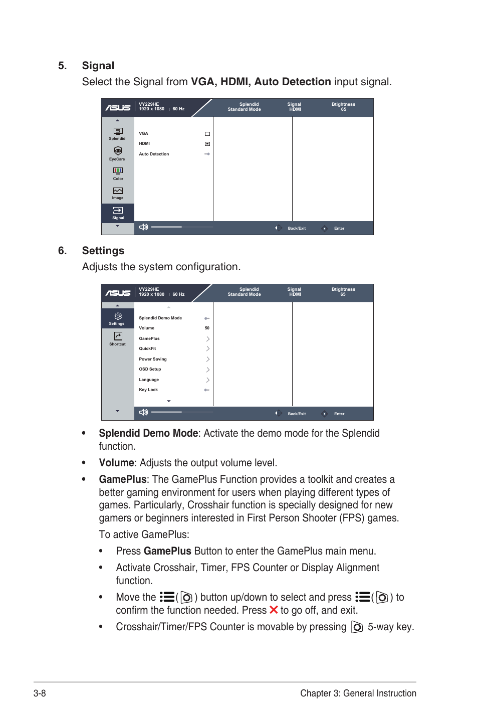 Settings adjusts the system configuration, 8 chapter 3: general instruction | Asus VY229HE Eye Care 21.45" Monitor User Manual | Page 26 / 35