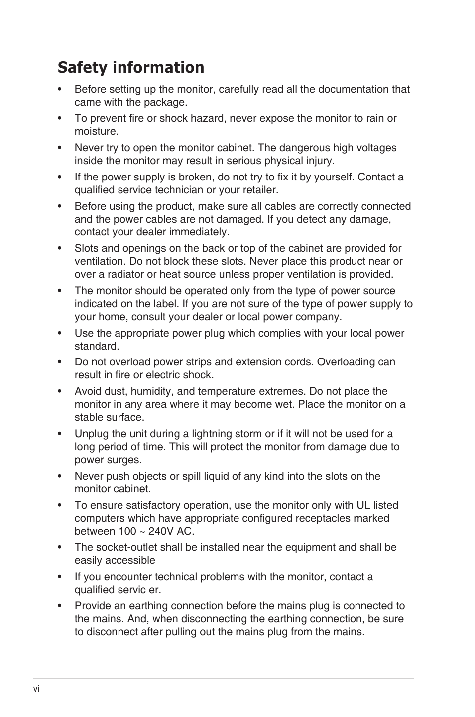 Safety information | Asus VY229HE Eye Care 21.45" Monitor User Manual | Page 6 / 35