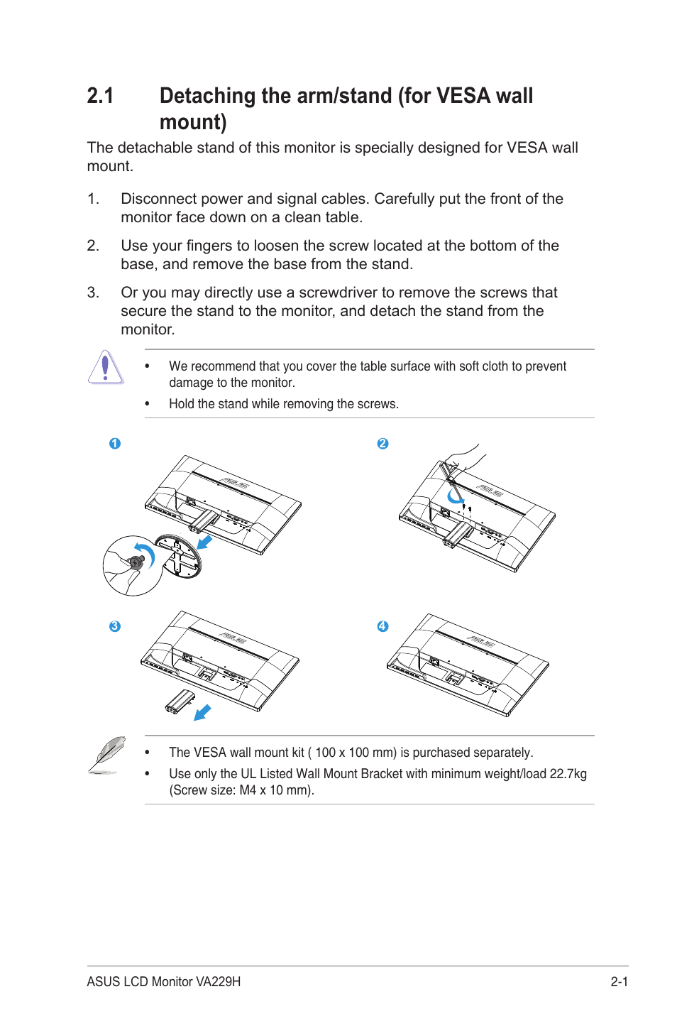 1 detaching the arm/stand (for vesa wall mount), Detaching the arm/stand (for vesa wall mount) -1 | Asus VA229HR 21.5" 16:9 Eye Care IPS Monitor User Manual | Page 12 / 23