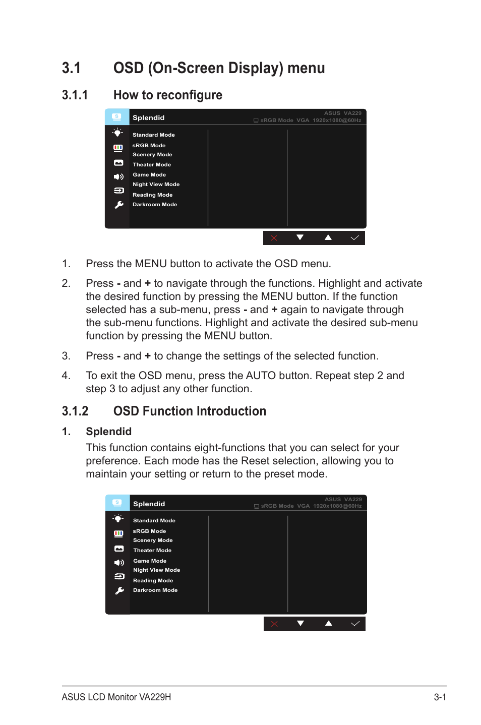 1 osd (on-screen display) menu, 1 how to reconfigure, 2 osd function introduction | Osd (on-screen display) menu -1, 2 osd function introduction -1 | Asus VA229HR 21.5" 16:9 Eye Care IPS Monitor User Manual | Page 14 / 23