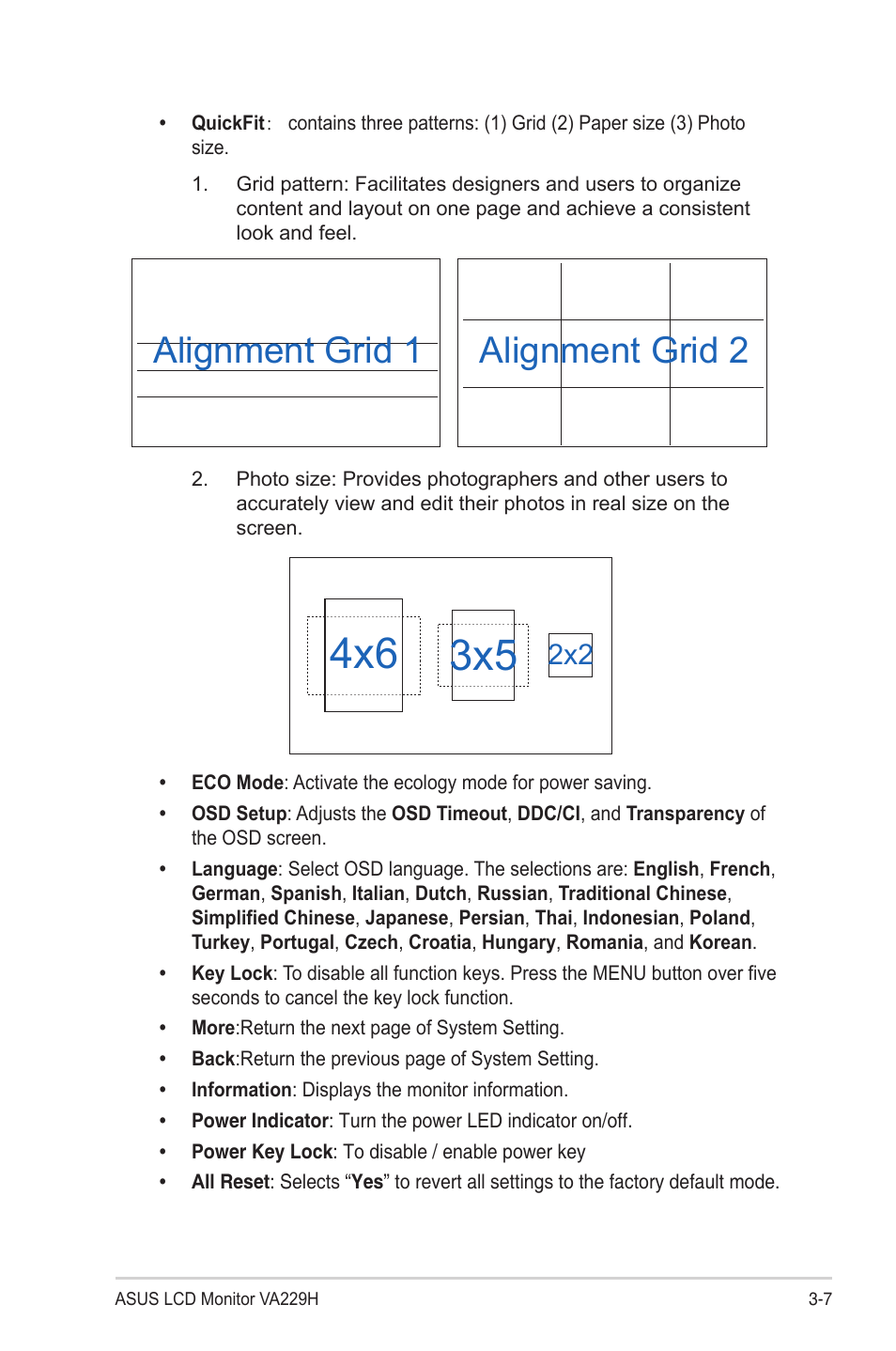 2 specifications, Specifications, Alignment grid 2 alignment grid 1 | Asus VA229HR 21.5" 16:9 Eye Care IPS Monitor User Manual | Page 20 / 23