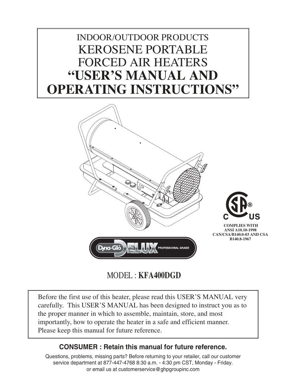 Dyna-Glo Kerosene Portable Forced Air Heaters KFA400DGD User Manual | 24 pages