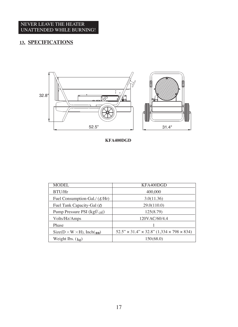 Specifications | Dyna-Glo Kerosene Portable Forced Air Heaters KFA400DGD User Manual | Page 18 / 24