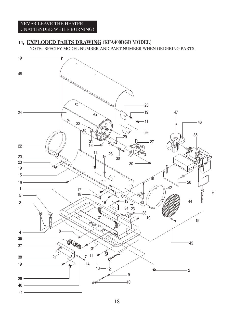 Exploded parts drawing (kfa400dgd model) | Dyna-Glo Kerosene Portable Forced Air Heaters KFA400DGD User Manual | Page 19 / 24