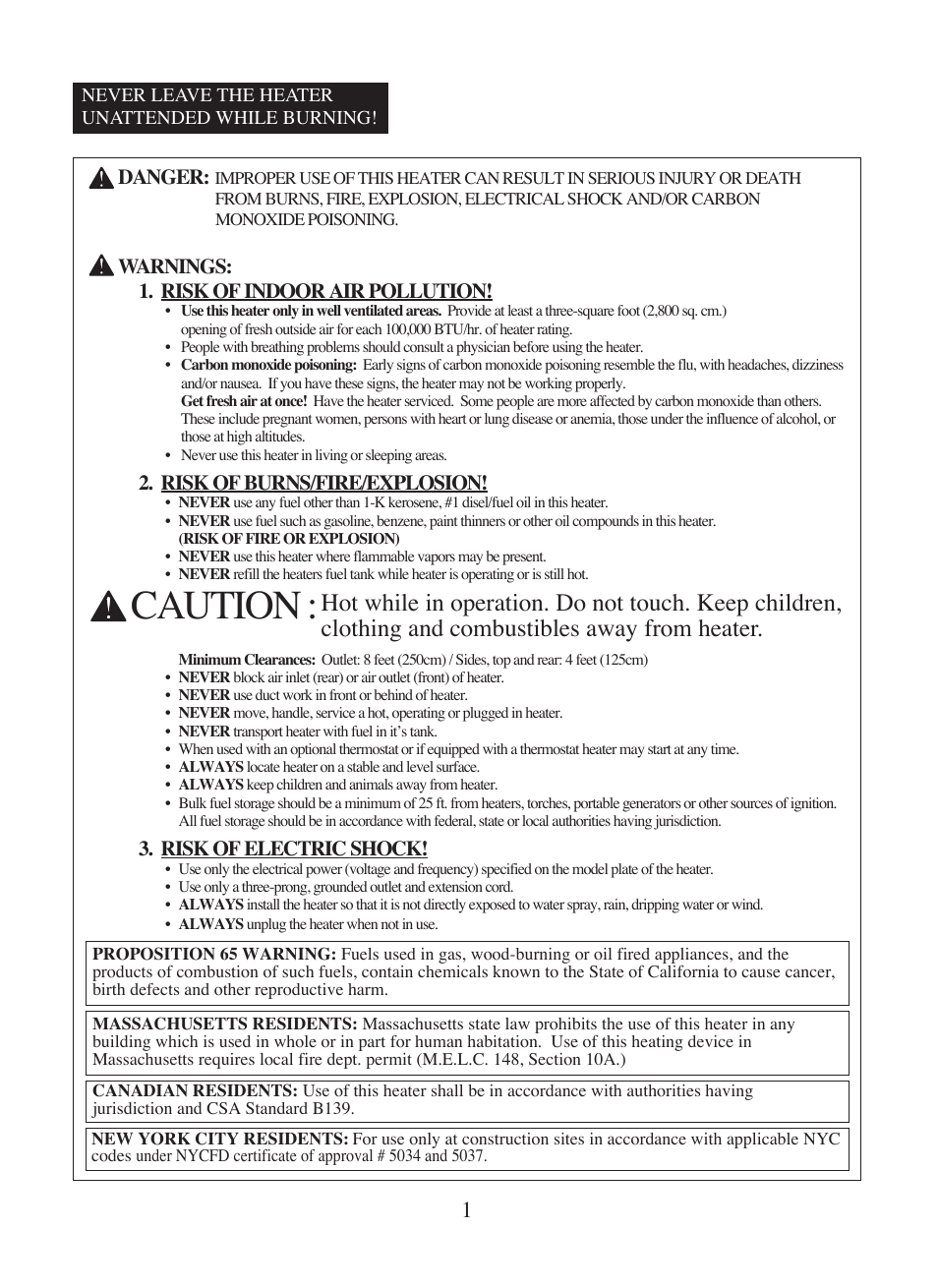 Caution | Dyna-Glo Kerosene Portable Forced Air Heaters KFA400DGD User Manual | Page 2 / 24