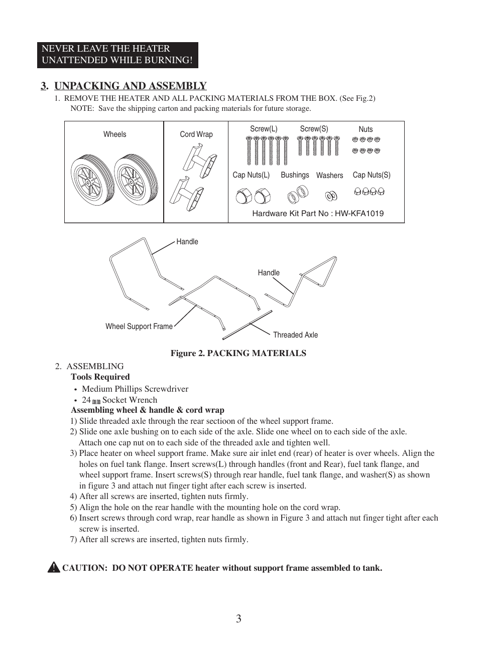 Unpacking and assembly | Dyna-Glo Kerosene Portable Forced Air Heaters KFA400DGD User Manual | Page 4 / 24
