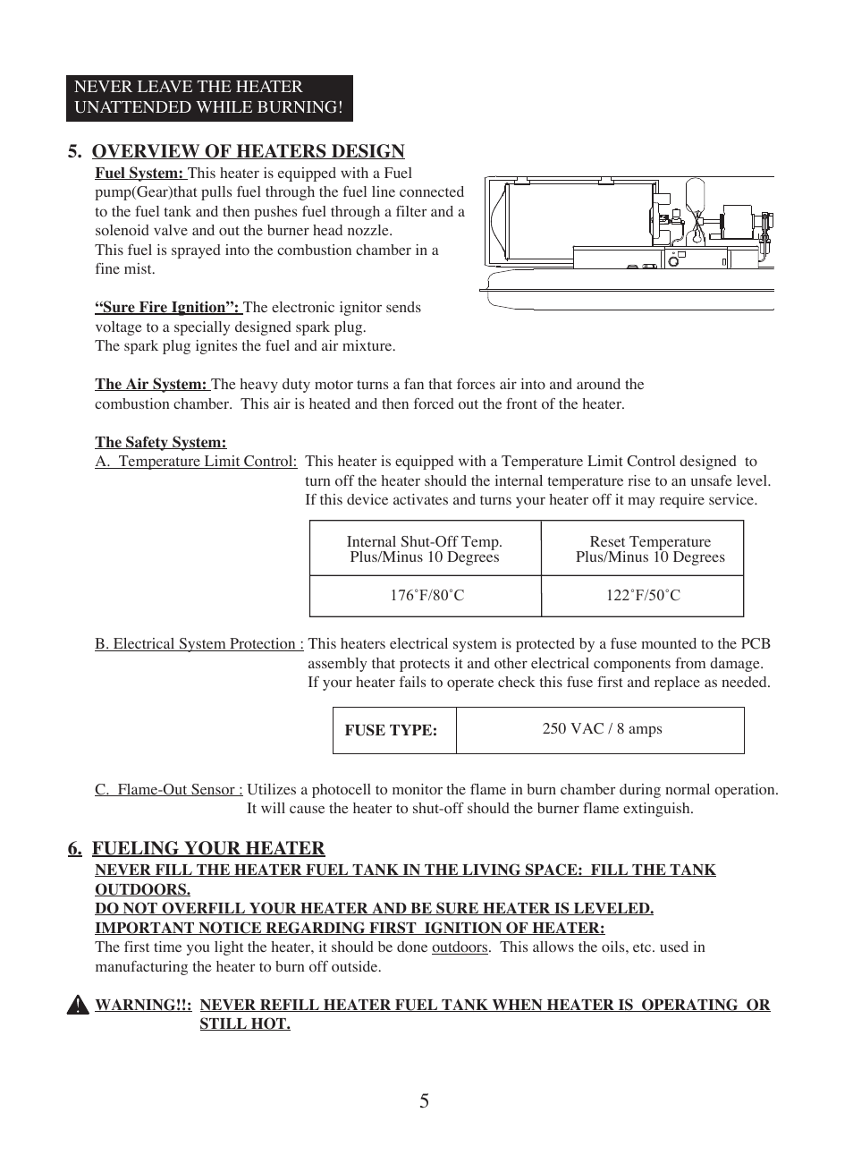 Overview of heaters design, Fueling your heater | Dyna-Glo Kerosene Portable Forced Air Heaters KFA400DGD User Manual | Page 6 / 24