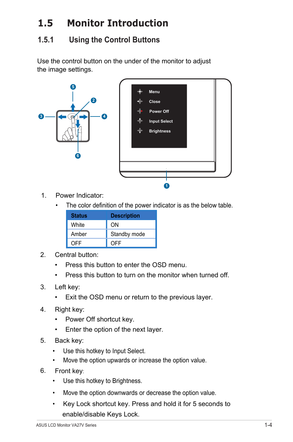 5 monitor introduction, 1 using the control buttons, Monitor introduction -4 | Using the control buttons -4 | Asus VA27VQSE 27" Curved Monitor User Manual | Page 11 / 27