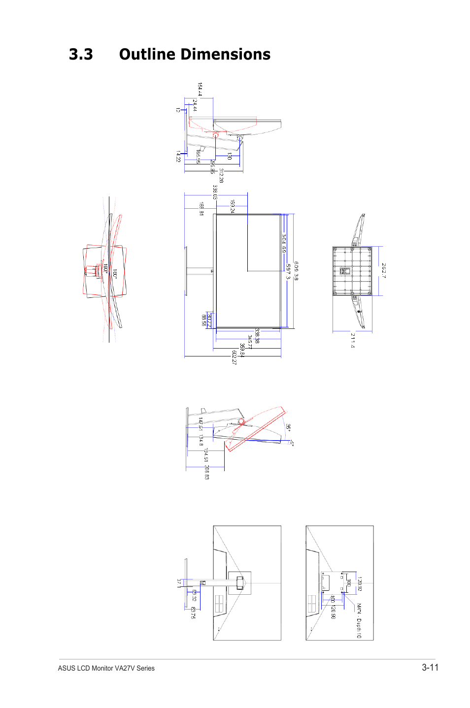 空白页面, 3 outline dimensions | Asus VA27VQSE 27" Curved Monitor User Manual | Page 24 / 27