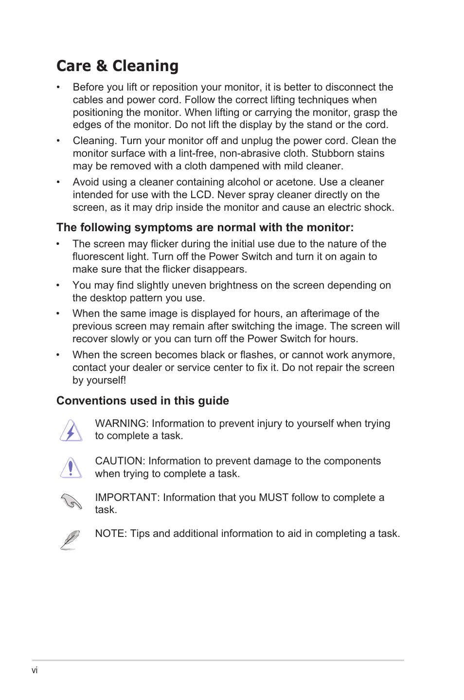 Care & cleaning | Asus VA27VQSE 27" Curved Monitor User Manual | Page 6 / 27