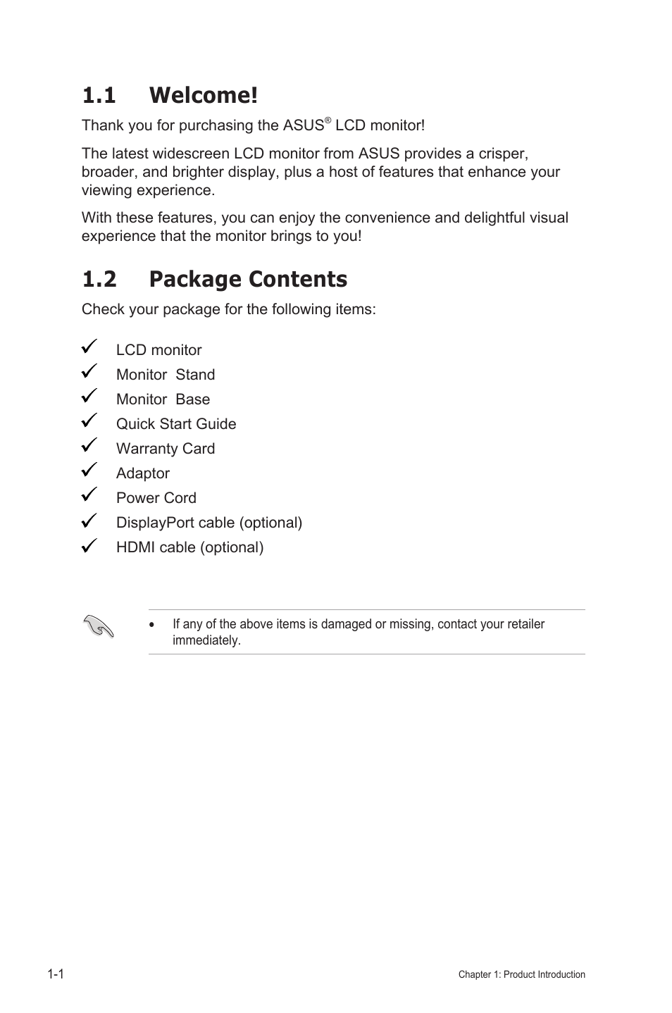 1 welcome, 2 package contents, Welcome! -1 | Package contents -1 | Asus VA27VQSE 27" Curved Monitor User Manual | Page 8 / 27