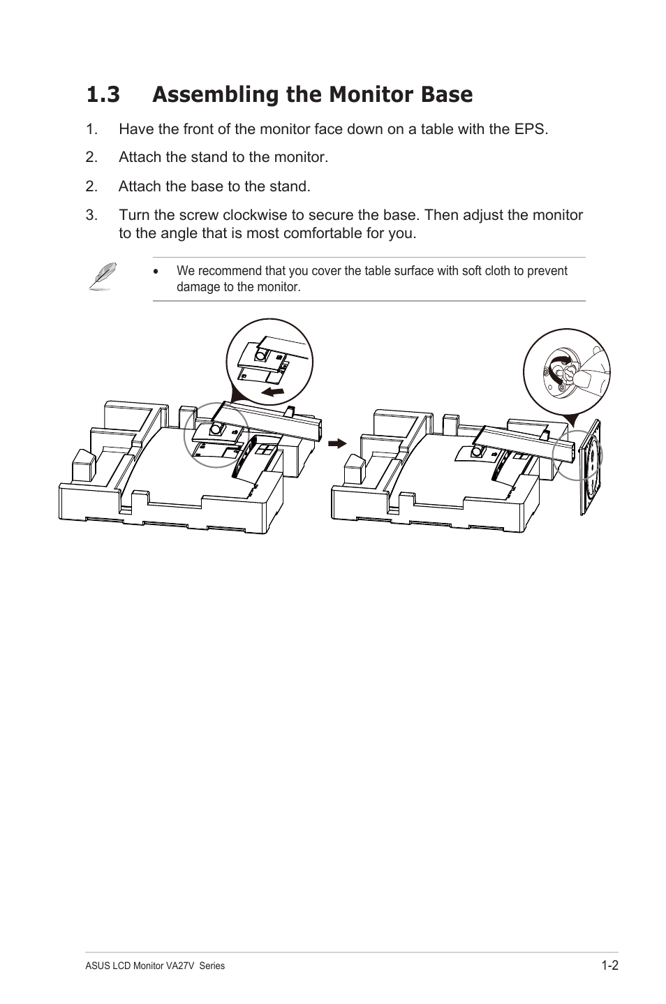 3 assembling the monitor base, Assembling the monitor base -2 | Asus VA27VQSE 27" Curved Monitor User Manual | Page 9 / 27