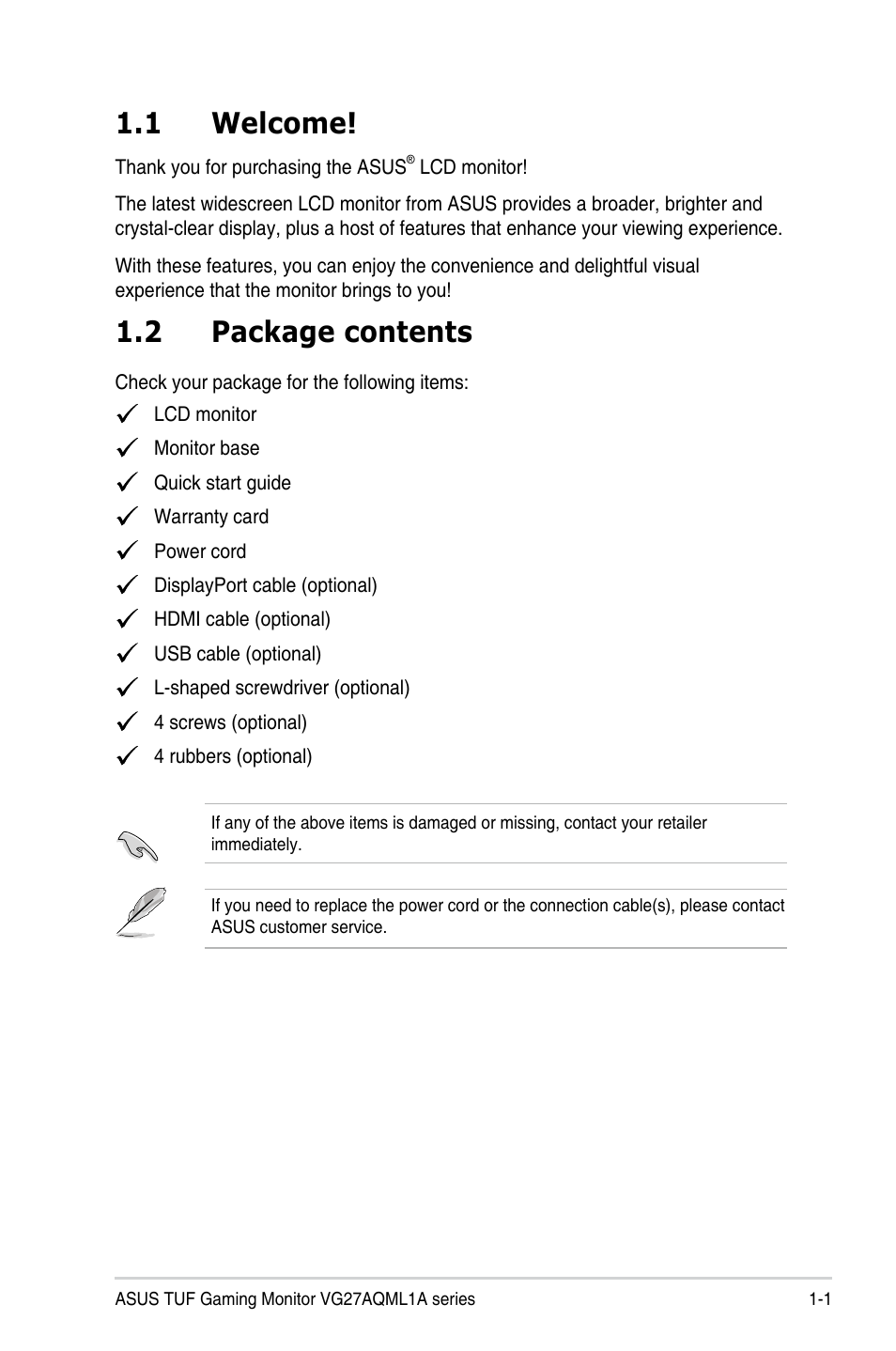 Chapter 1: product introduction, 1 welcome, 2 package contents | Asus 27" TUF Gaming 1440p 260 Hz Monitor User Manual | Page 10 / 33