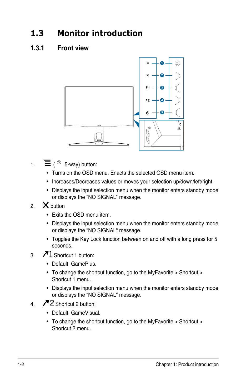 3 monitor introduction, 1 front view | Asus 27" TUF Gaming 1440p 260 Hz Monitor User Manual | Page 11 / 33